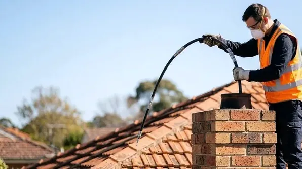 Technician lowering a stainless liner into a chimney in Tuckahoe