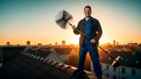 Chimney technician holding a brush on a roof in the evening light near Tuckahoe