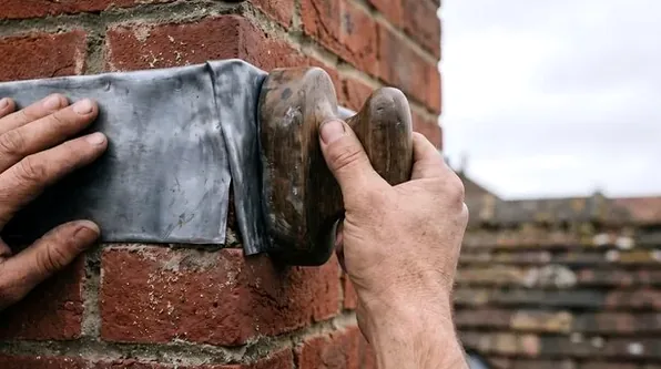 Pressing new flashing against a brick chimney in Scarsdale